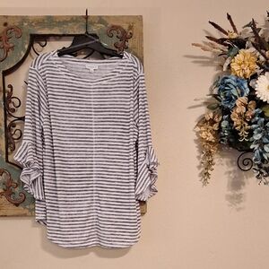 Westbound White and Gray Striped Ruffle Sleeve Blouse